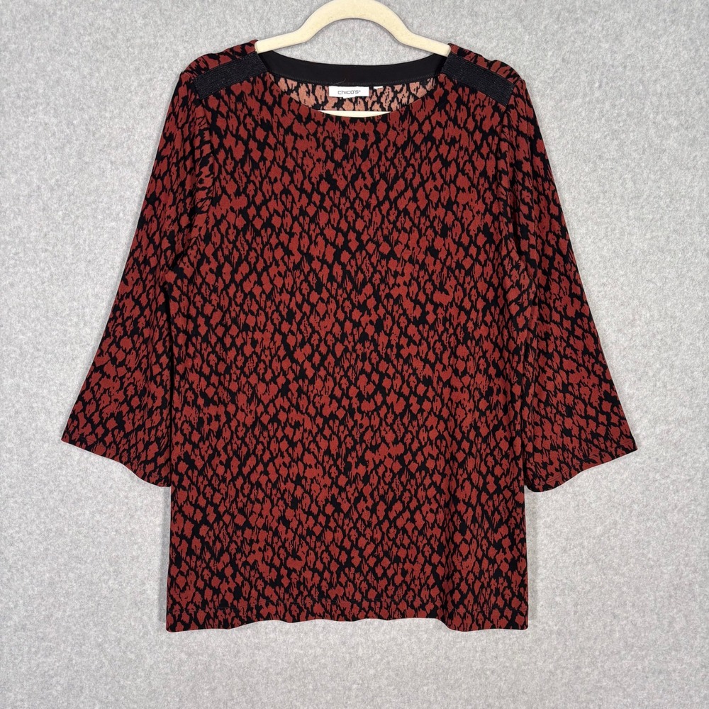 Chicos Slinky Knit Tunic Top Large Animal Print Embellished Liquid Neutral Snake